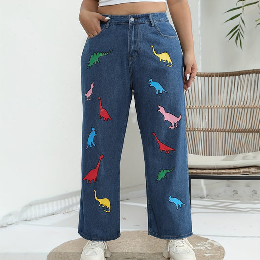 Plus Size Women's Dinosaur Print Wide Leg Jeans
