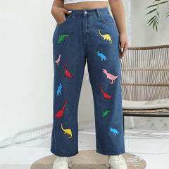 Plus Size Women's Dinosaur Print Wide Leg Jeans