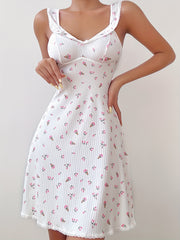 Floral Print Lace Trim Nightdress V-Neck Sleep Dress