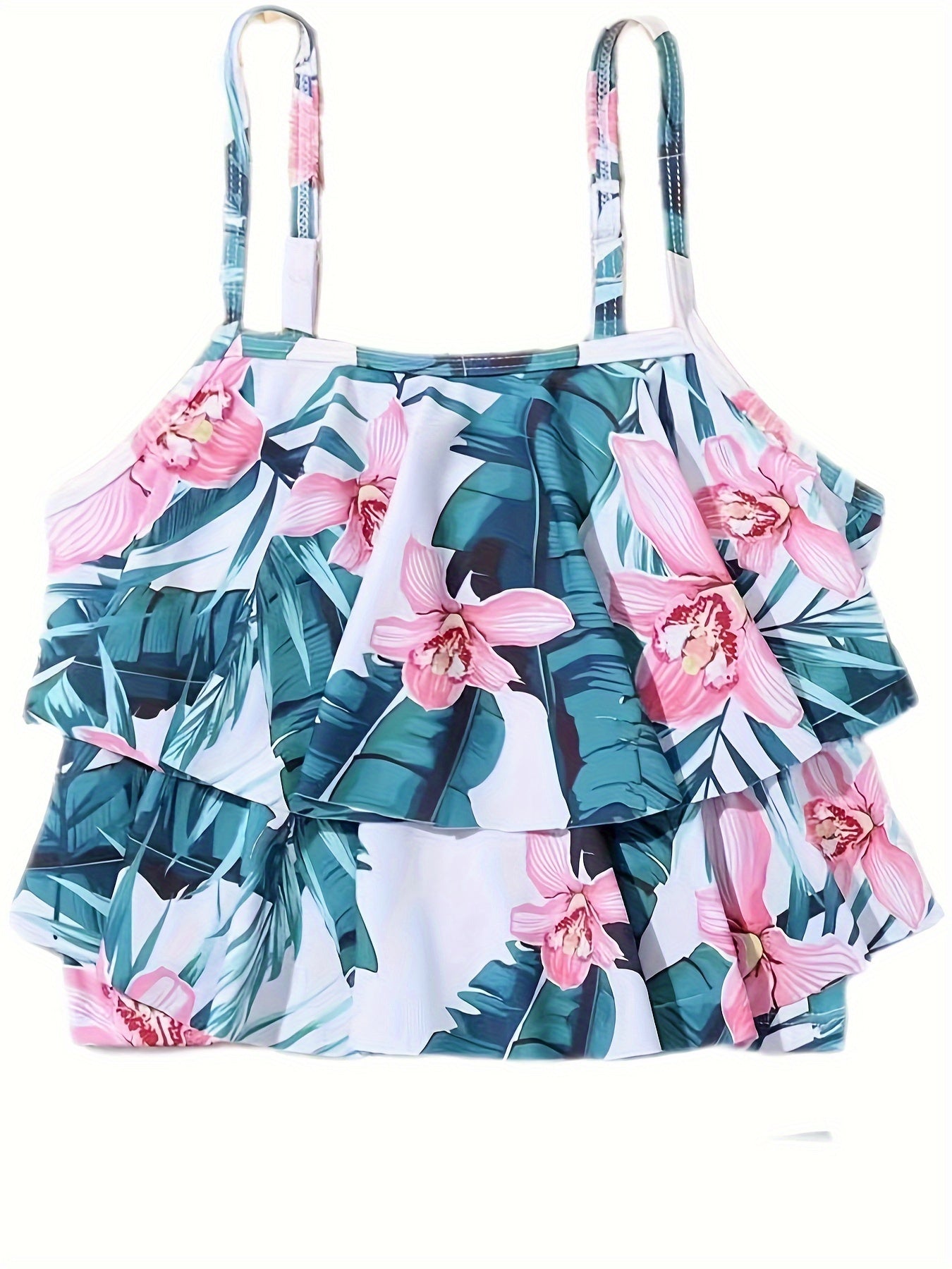 Girls Flower Graphic Swimwear Set Ruffle Trim Bathing Suit