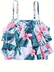 Girls Flower Graphic Swimwear Set Ruffle Trim Bathing Suit