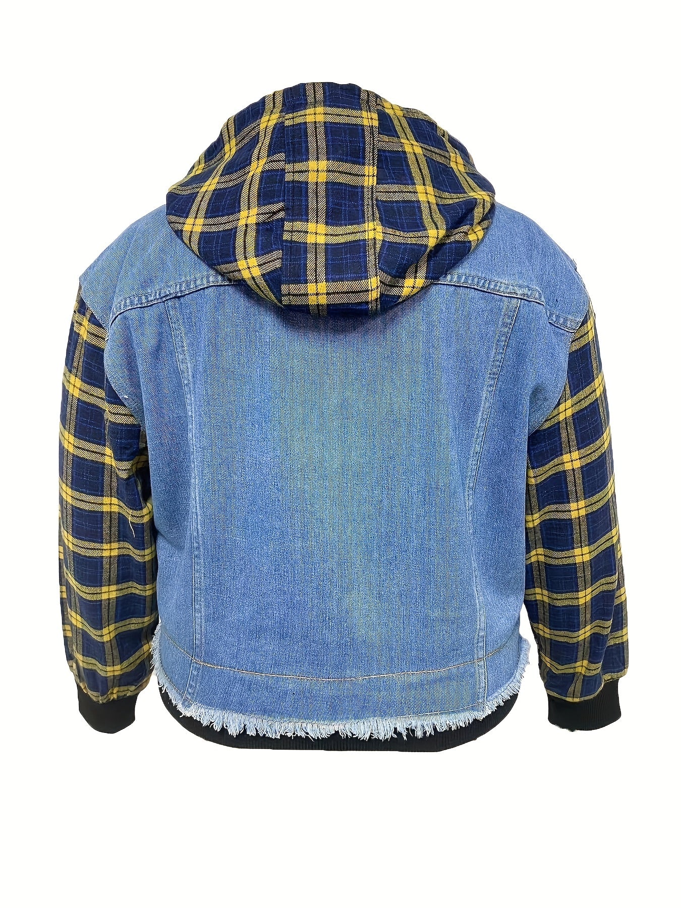 Colorblock Plaid Hooded Denim Jacket