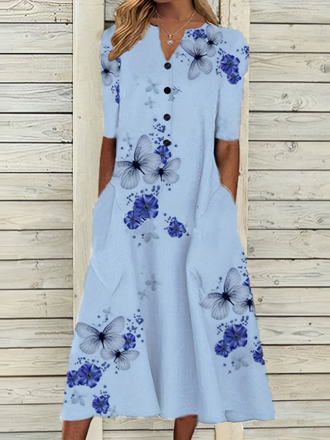 Floral & Butterfly Print V Neck Dress Button Front Short Sleeve Dress