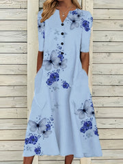 Floral & Butterfly Print V Neck Dress Button Front Short Sleeve Dress