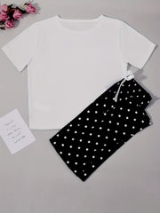 Letter Print Pajama Set Short Sleeve Crew Neck Top & Polka Dot Pants