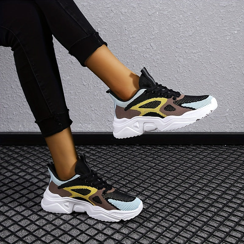 Women's Breathable Knit Sneakers Lace Up Colorblock Shoes