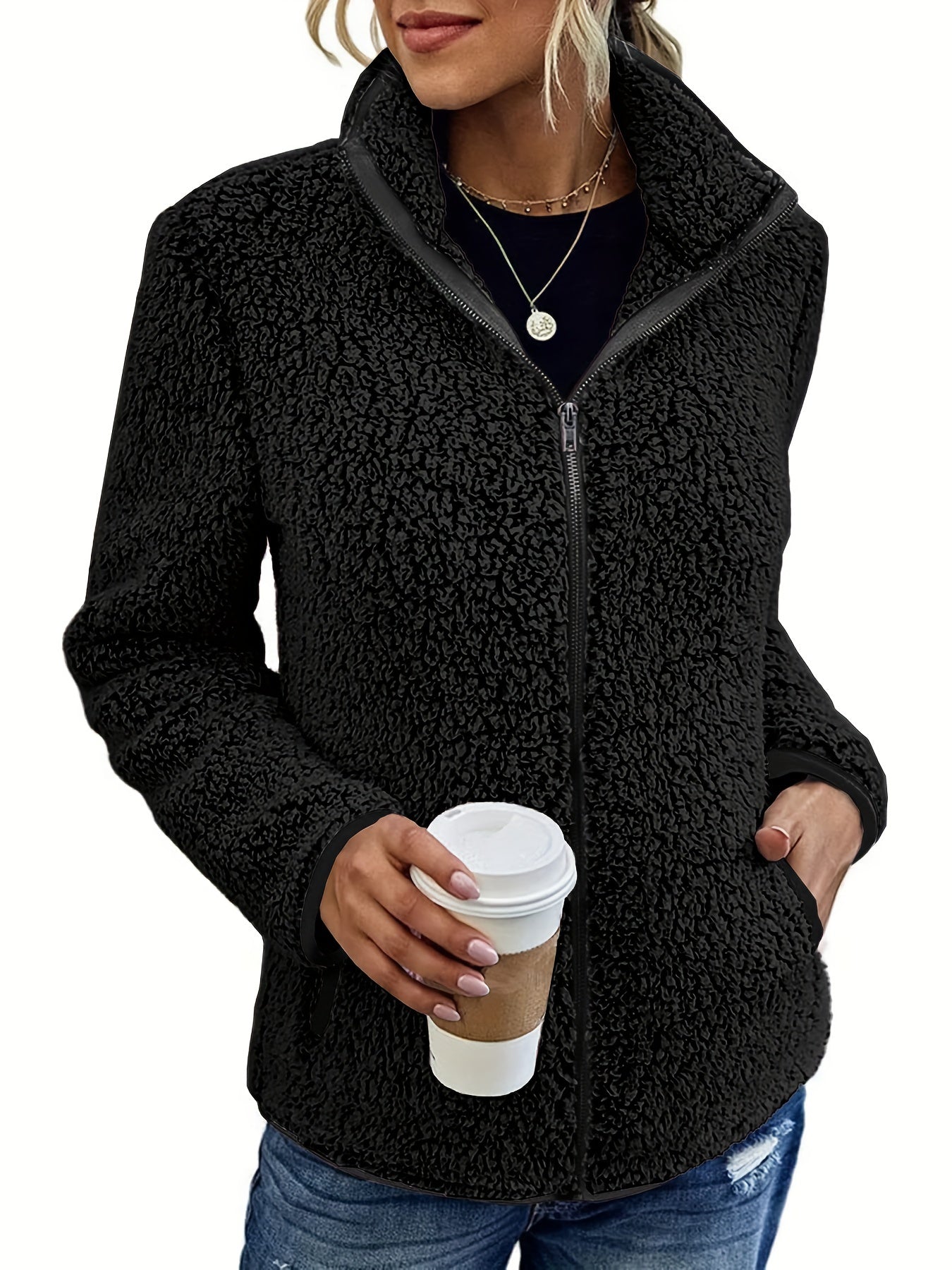 Solid Teddy Jacket Stand Collar Warm Outerwear Women's Clothing