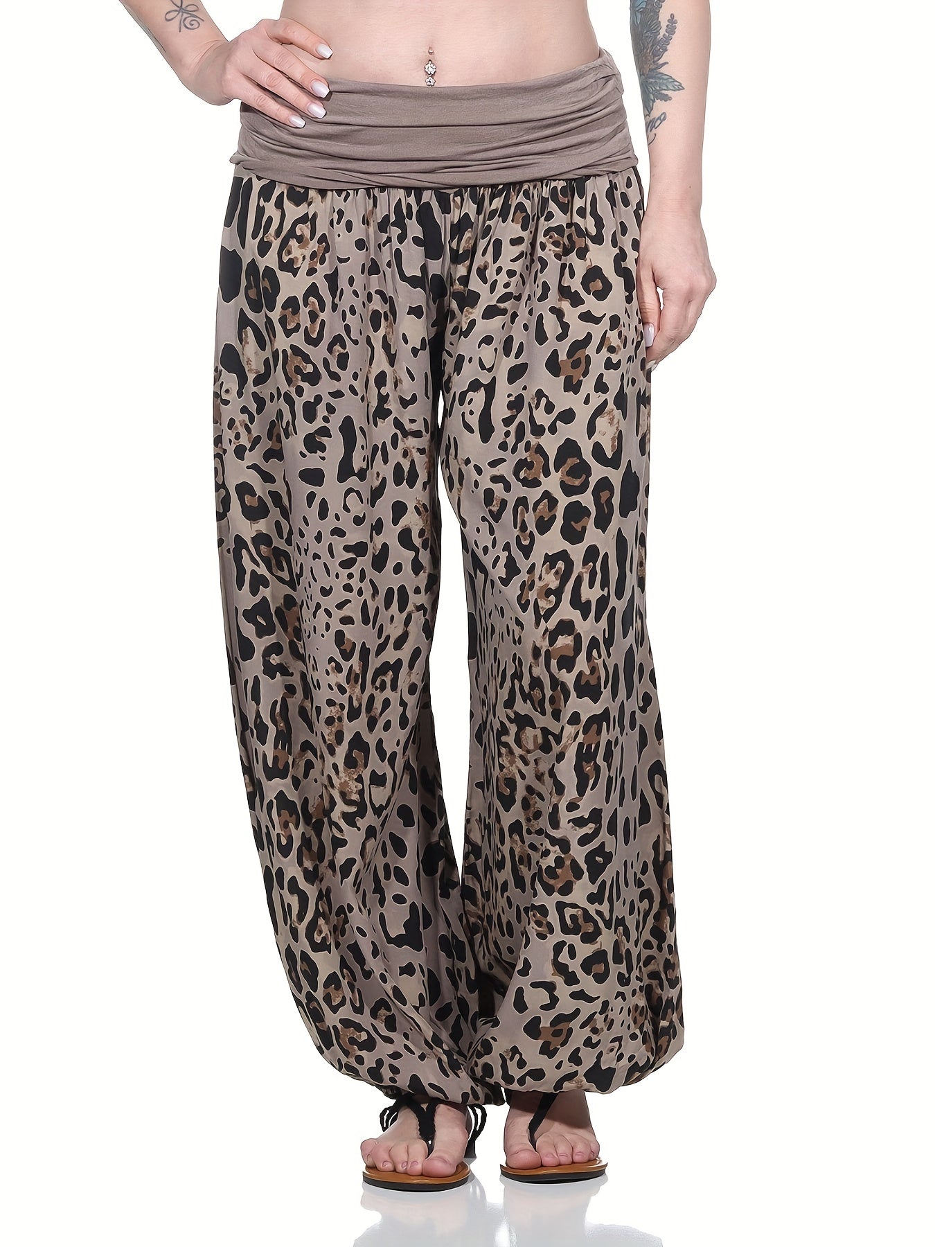 Boho Pants Women's Plus Leopard Print Waist Band Low Rise