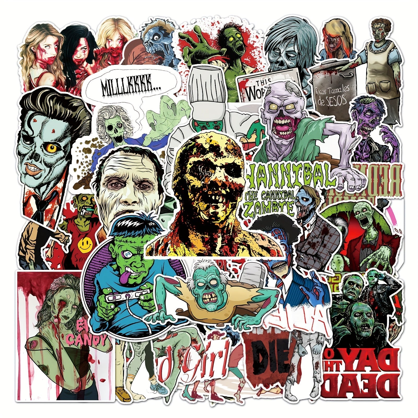 Set of 51 Custom Zombie Graffiti Stickers for Skateboards & More