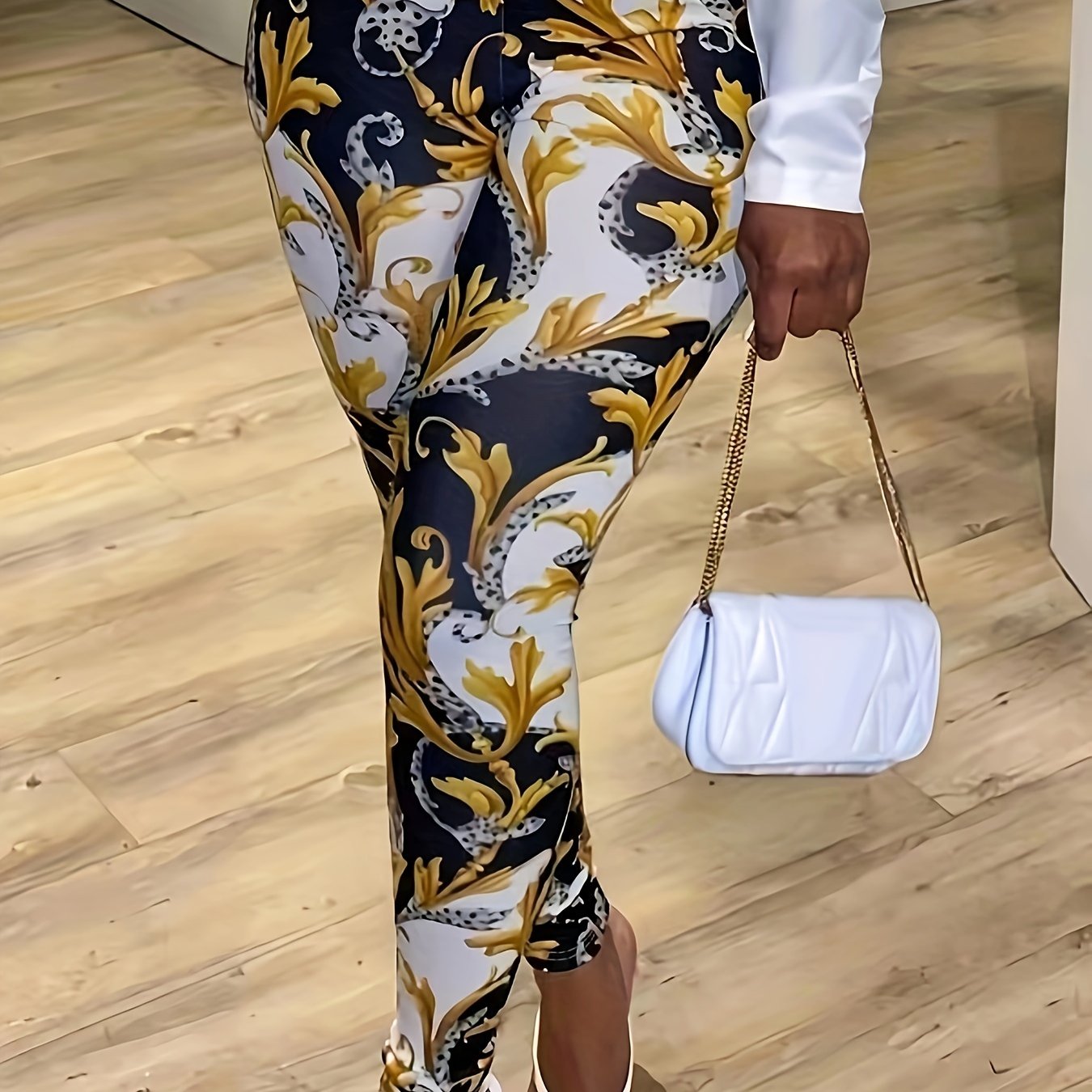 Baroque Print Skinny Leggings for Women, Stretchy Boho Pants