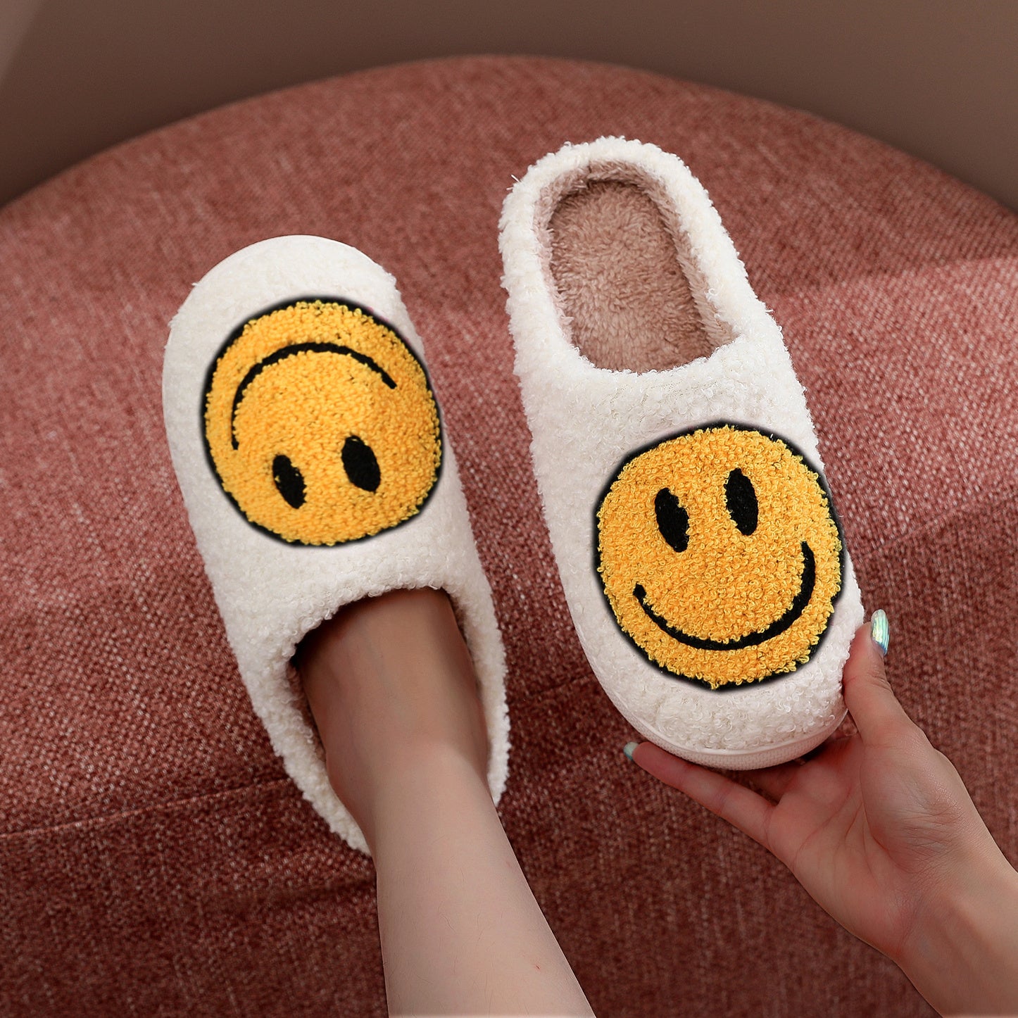 Smile Face Print Plush Slippers Comfortable Indoor Home Slippers