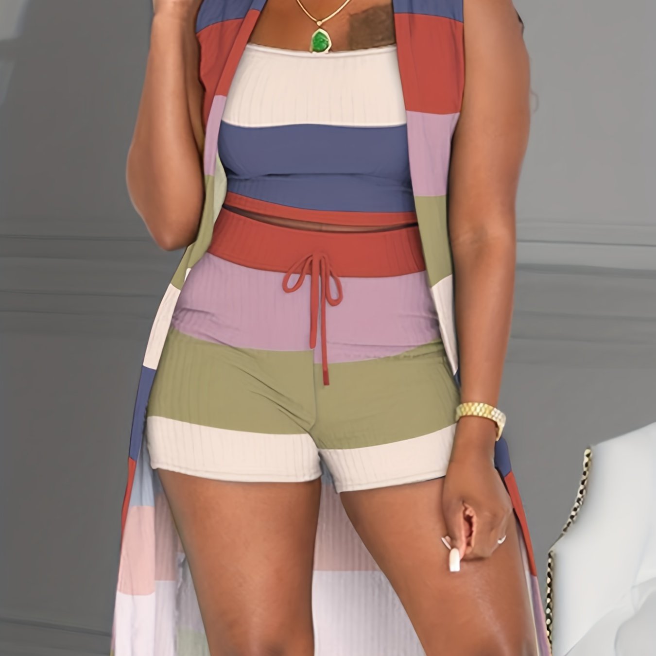 Casual Block Two piece Set Sleeveless Coat Cami Top Drawstring Shorts