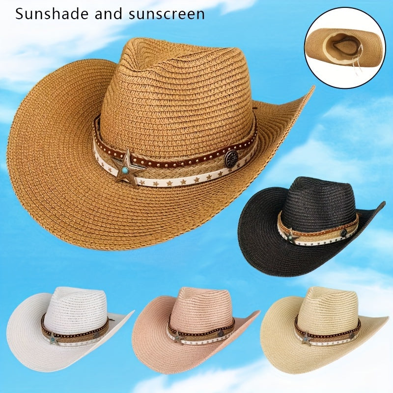 Breathable Sunshade Cowboy Hat With Pentagram for Outdoor Camping