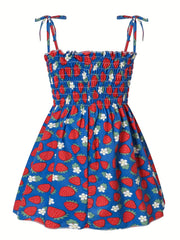 Toddler Girls Strawberry Fruit Graphic Frill Trim Shirred Bow Shoulder Princess