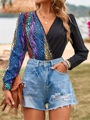 Graphic Print Contrast Bodysuit Surplice Neck Long Sleeve Bodysuit