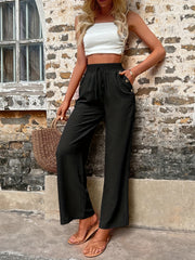 Elastic Waist Straight Leg Pants Casual Button Pocket Loose Pants