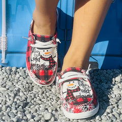 Christmas Women's Casual Flat Red Grid Snowman Print Canvas Shoes