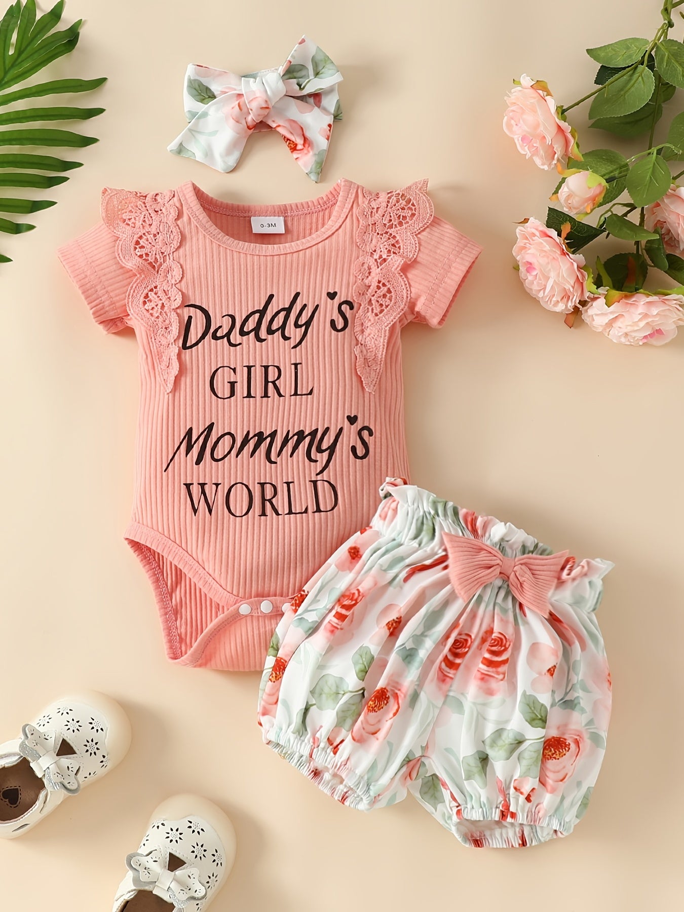 Newborn Short Sleeves Lace Romper Set with Graphic Bodysuit & Floral Shorts