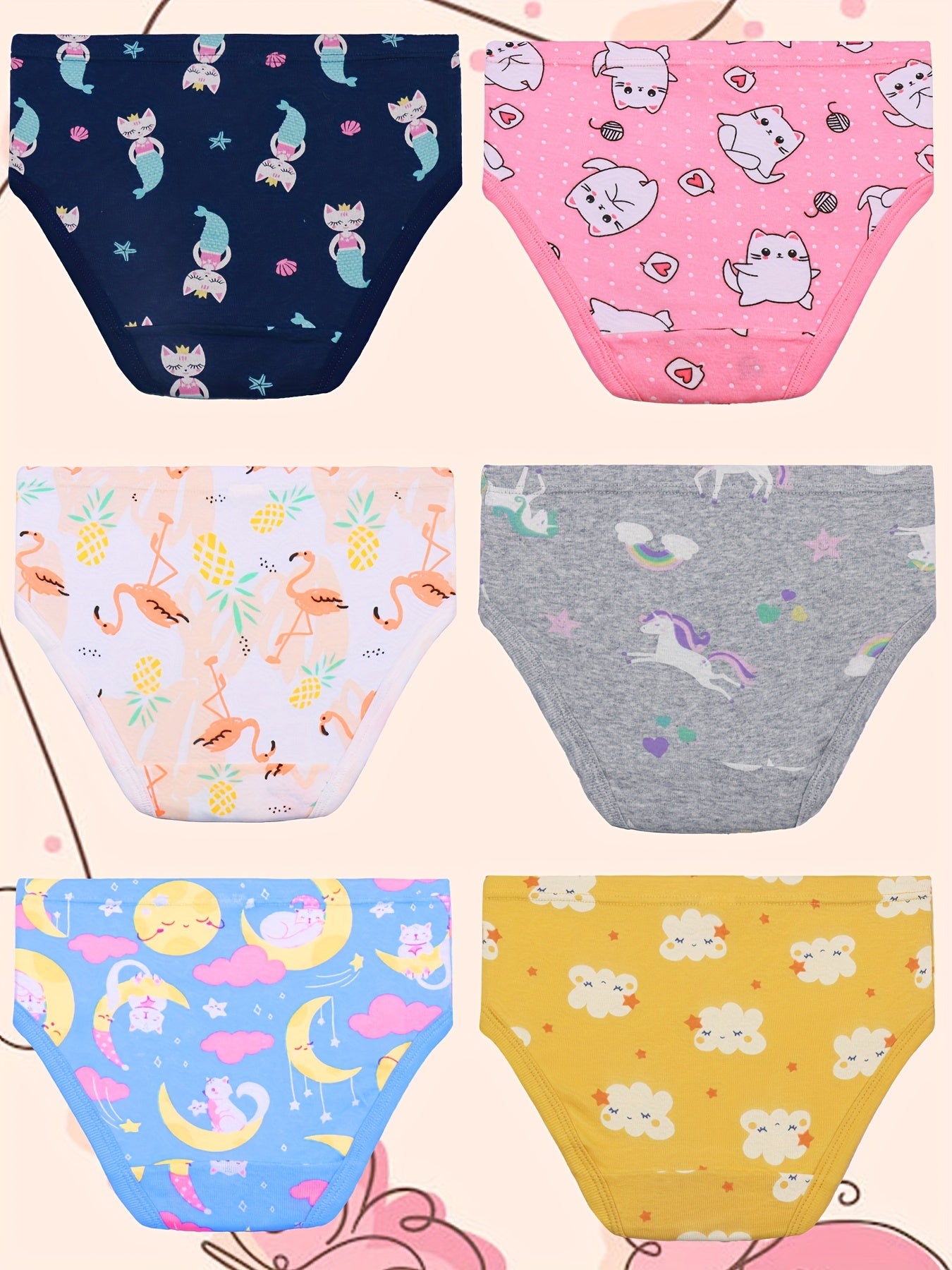 6pcs Girl's Triangle Panties Multiple Colors Elastic Waist Shorts 100 Cotton