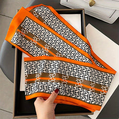 Geometric Print Skinny Silk Scarf Double Layer Neck Tie Ribbon