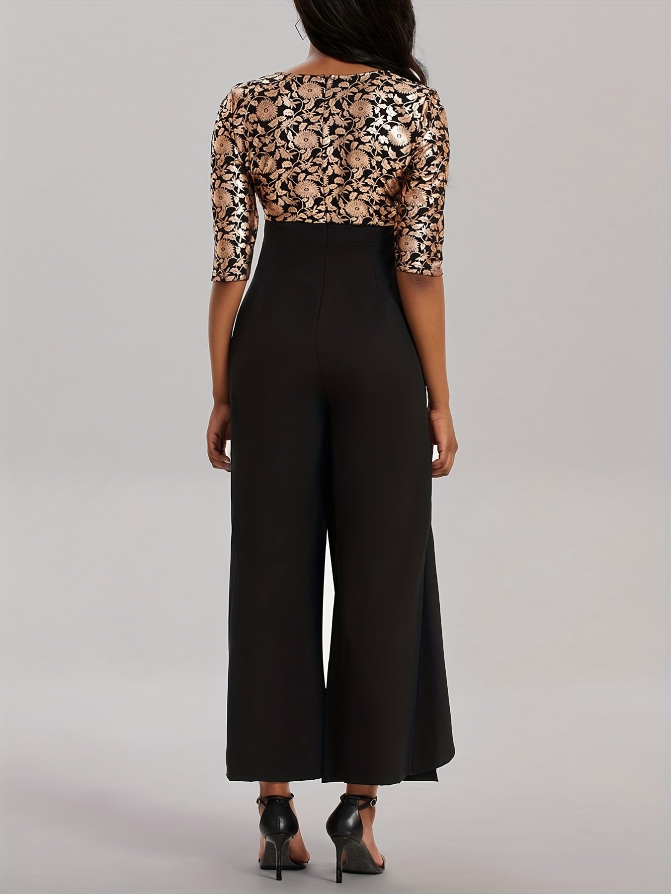 Floral Print Splicing Jumpsuit Casual 3 4 Sleeve Split Wide Leg Jumpsuit