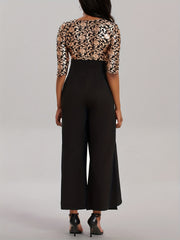 Floral Print Splicing Jumpsuit Casual 3 4 Sleeve Split Wide Leg Jumpsuit