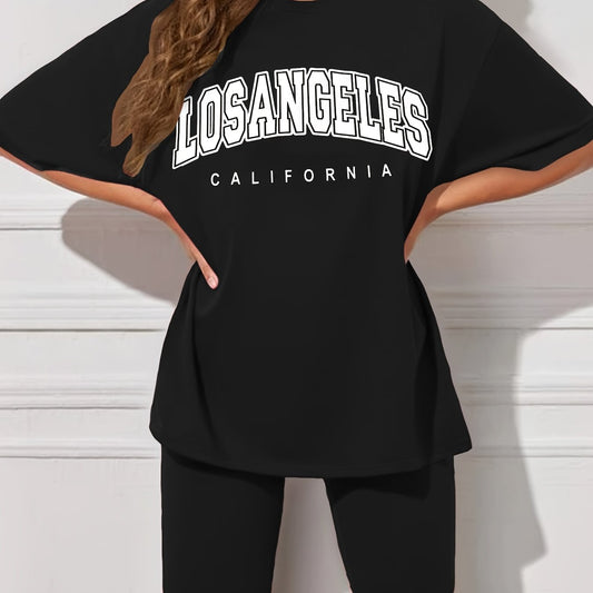 Letter Print T-shirt & Biker Shorts Set Women's Outfit