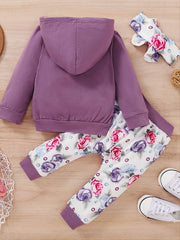 Baby Girls Floral Hooded Romper Pants Headband Set