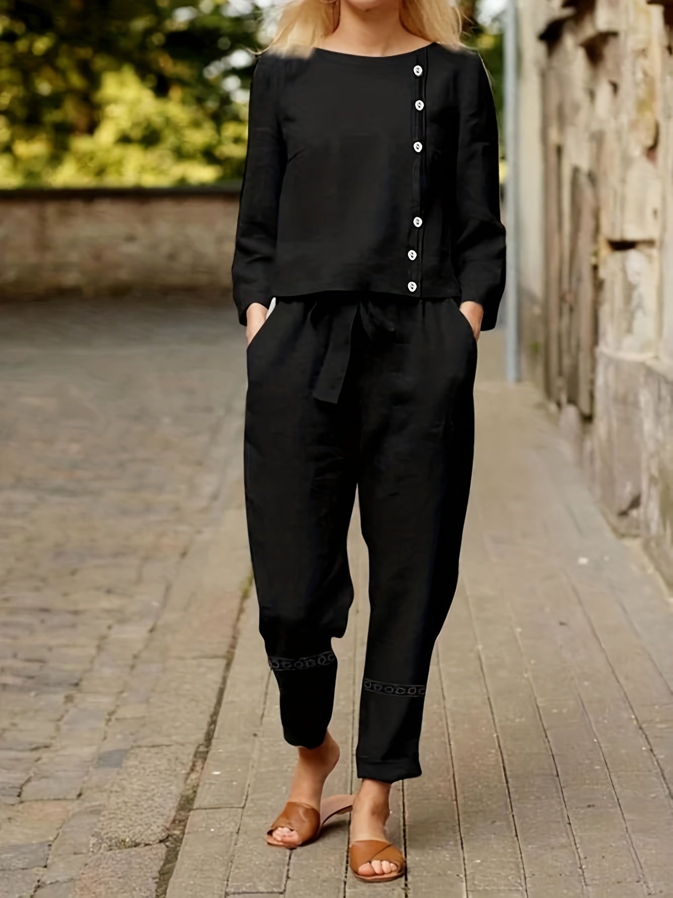 Casual Two piece Set Crew Neck Long Sleeve Tops & Wide Leg Pants