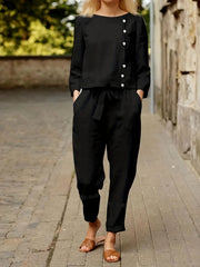 Casual Two piece Set Crew Neck Long Sleeve Tops & Wide Leg Pants