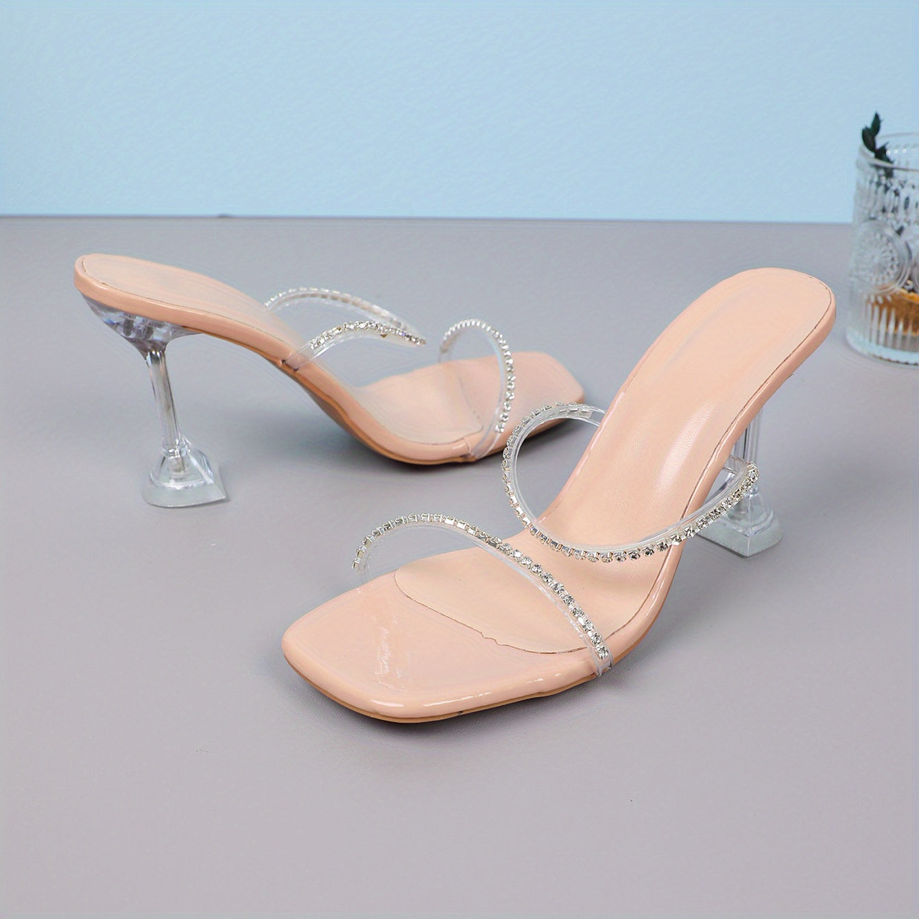 Rhinestone Stiletto Heels Square Toe Stylish Summer Pumps