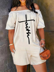 Faith Letter Embroidered Jumpsuit Off Shoulder Short Sleeve