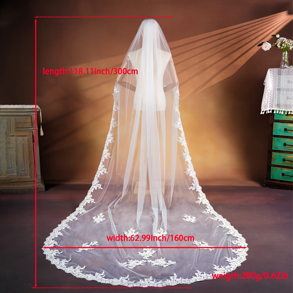 3m Long Bridal Veil w/ Lace Soft Tulle Wedding Headpiece Romantic Theme