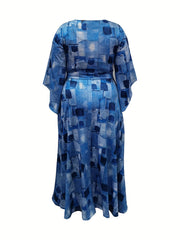 Denim Print Bell Sleeve Maxi Dress With Pockets