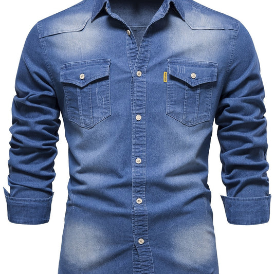 Cotton Denim Shirt Men Long Sleeve Cowboy Shirts Casual Slim Fit