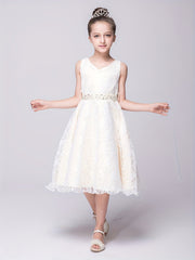 Girls Sleeveless V-neck Lace Flowers Rhinestone Princess Dress