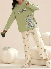 Dino Print Pajama Set Long Sleeve Top & Pants Women's Sleepwear