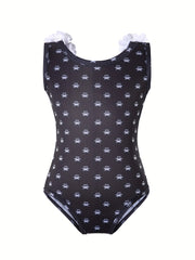 Girl's Heart Print Tankini Swimsuit with Flower Decoration