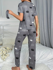 Crown Print Pajama Set Short Sleeve Crew Neck Top Elastic Waistband Pants