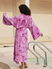 Tie Dye Pink Long Sleeve Kimono Cover Up Vacation Style Maxi Beach Coverup Dress
