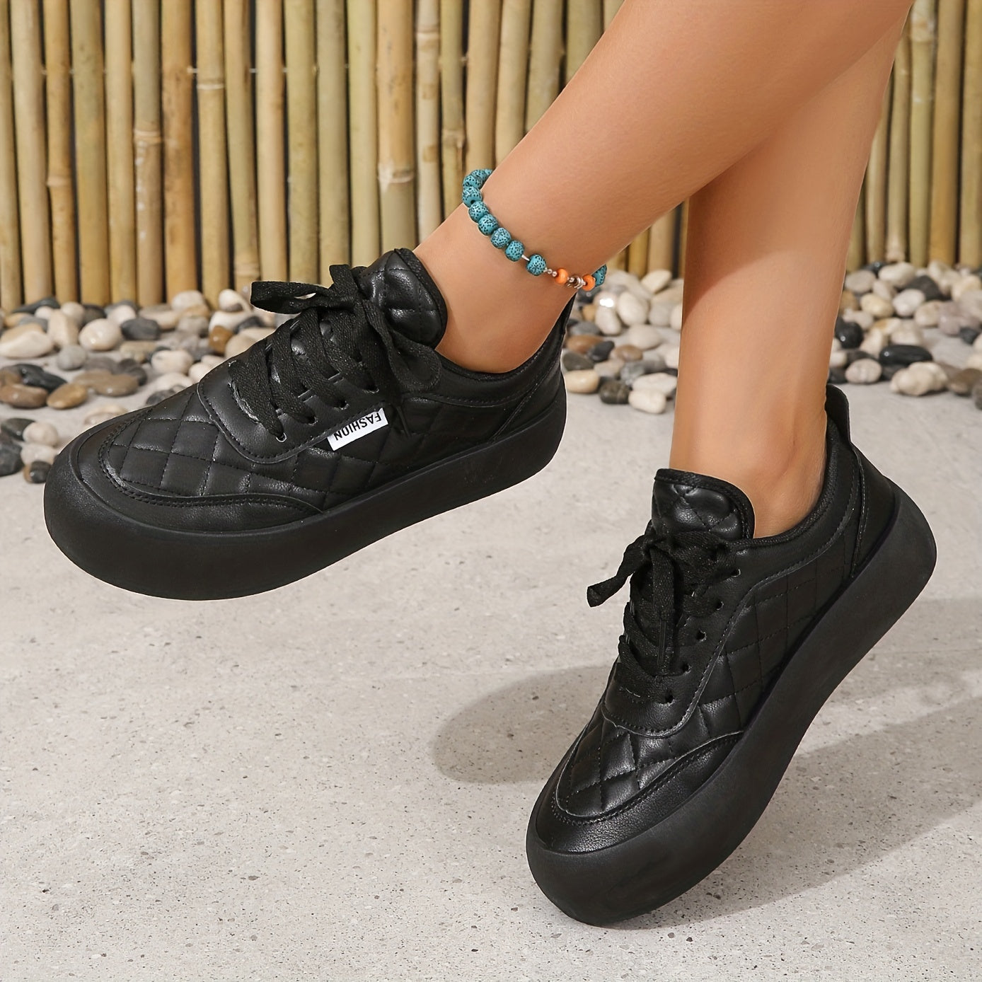 Women's Quilted Sneakers Lace Up Geometric Pattern Casual Shoes