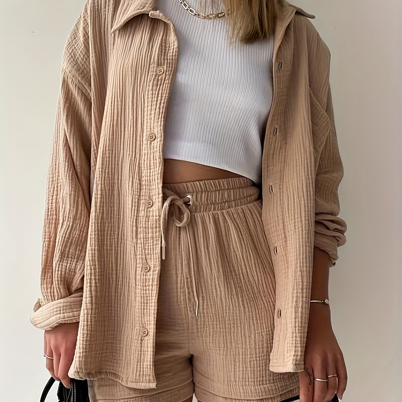 Solid Pocket Matching Set Long Sleeve Shirt & Drawstring Shorts