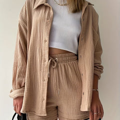 Solid Pocket Matching Set Long Sleeve Shirt & Drawstring Shorts