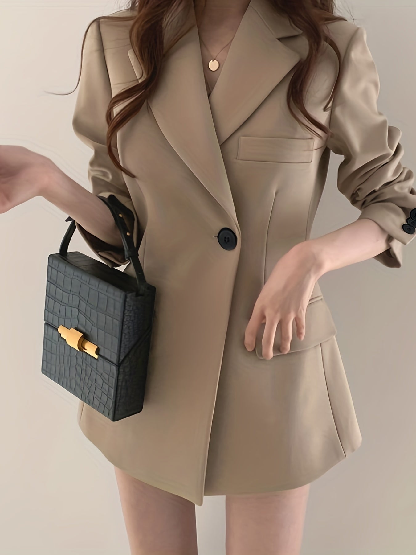 Solid Button Front Lapel Blazer Long Sleeve Pockets Blazer