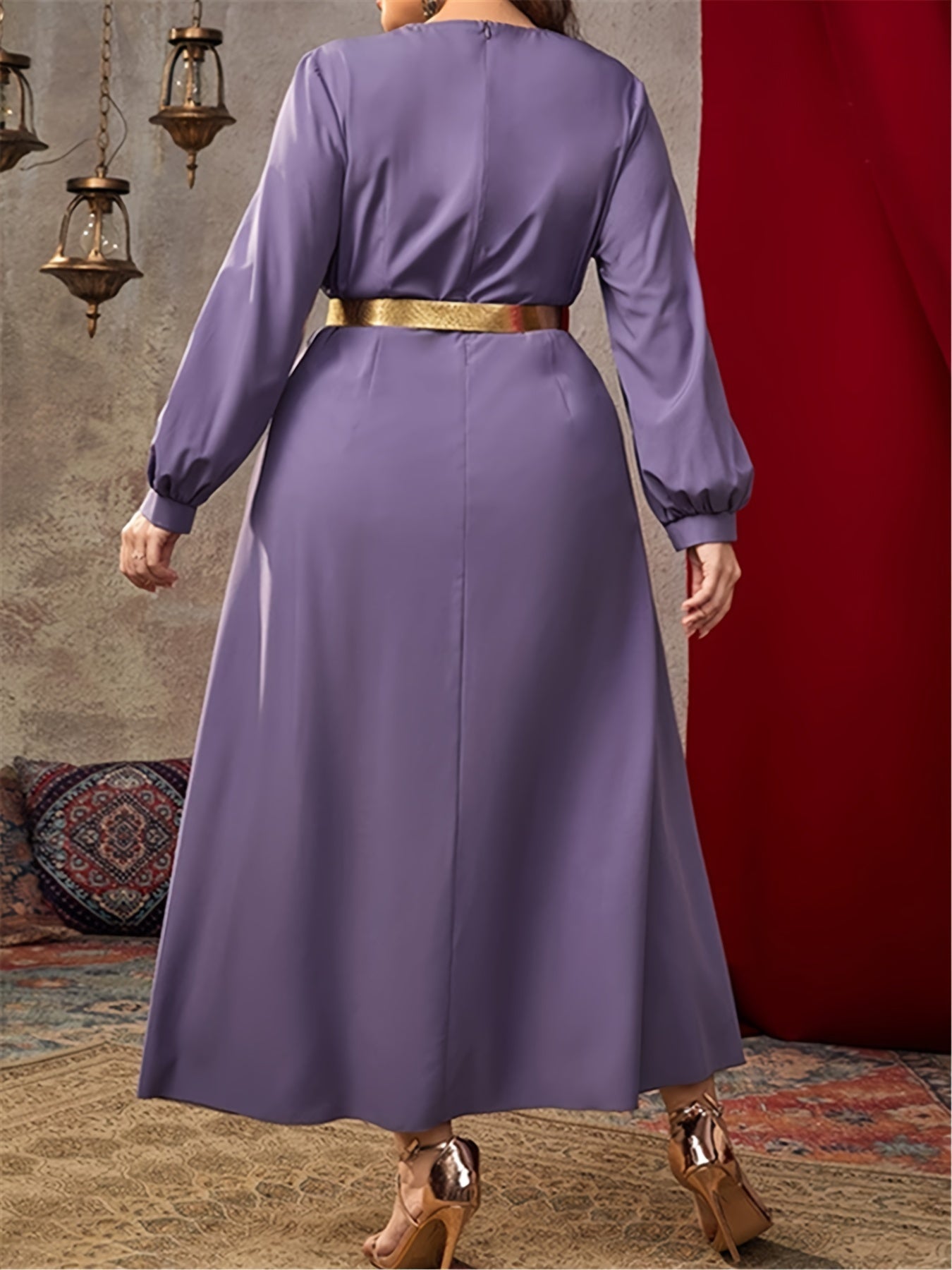Abaya Dress Women's Plus Solid Applique Long Sleeve V Neck Maxi Jalabi