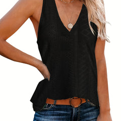 Eyelet Jacquard Tank Top V Neck Summer Sleeveless Casual Top