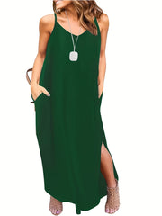 Solid Side Slit Maxi Slip Dress Plus Medium Stretch Casual Cami Dress