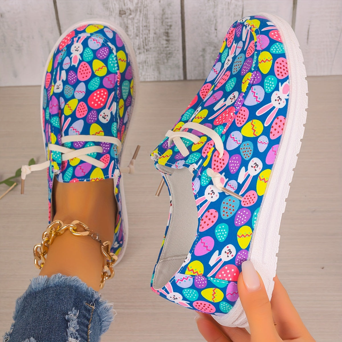 Women's Easter Eggs & Rabbit Graphic Canvas Shoes Lace up Flats