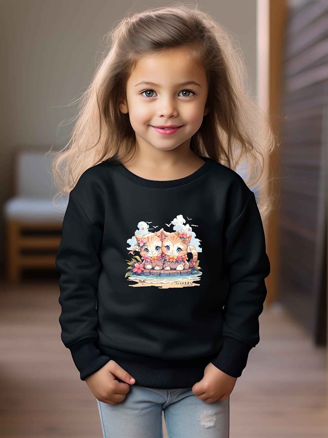 Girls Cats Pattern Crew Neck Sweatshirt Spring Fall Christmas Gift