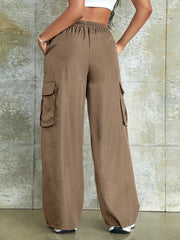 Y2K Flap Pockets Straight Leg Cargo Pants Elastic Waist Women's Clothing